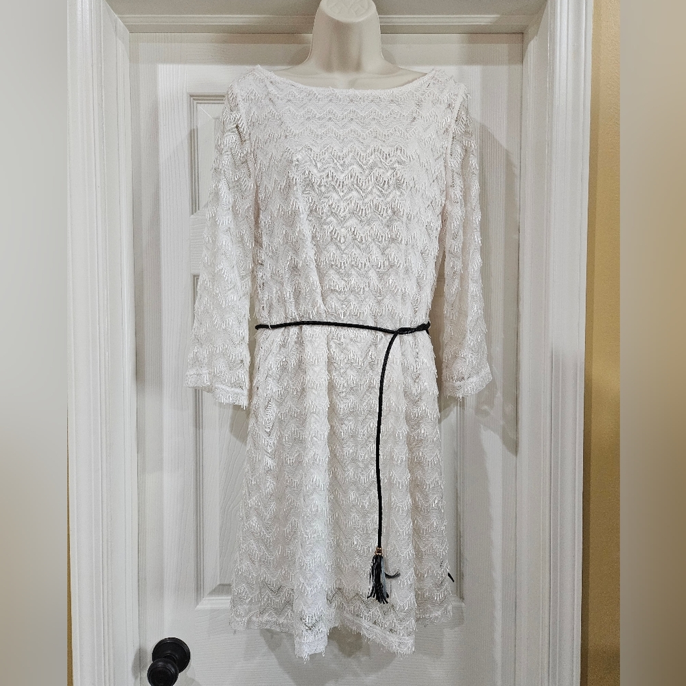 Sharagano Zigzag Textured Lace Sleeve Dress